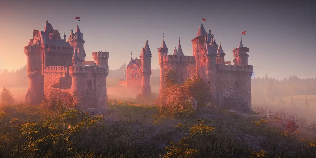 Prompt: a highly detailed photo of a post - future castle surrounded by a mist shot at sunrise on 3 0 mm film painted by alena aenami, rendered in unreal engine