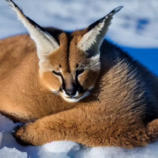 Image similar to fullbody photo still of sleepy fat chubby caracal, lying sleeping on snowy ice, big stomach, fullbody, sunny winter day