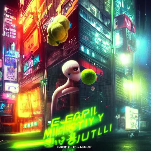 Prompt: high quality 3 d render cyberpunk very tennis ball monster highly detailed, unreal engine cinematic smooth, in the style of blade runner & detective pikachu, basil gogos, chalk, low angle, uhd 8 k, sharp focus, illustrated by basil gogos