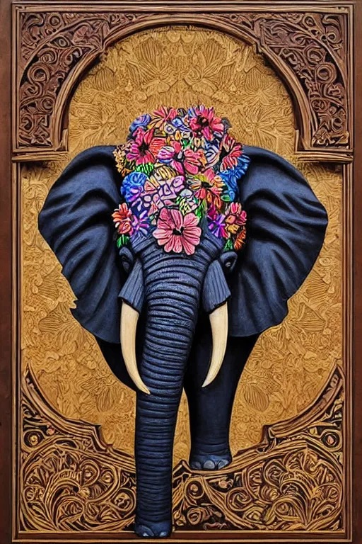 Image similar to Painted dark-wood panel relief carving of a close up of a Flowerpunk Matriarch Elephant, ornate border frame, explosion of colorful flowers, dark wood, intricately carved, black ink, festival of rich colors, intricate details, cinematic lighting, volumetric lighting, post-processing, art nouveau, by andreas rocha and john howe, and Martin Johnson Heade, featured on artstation, featured on behance, golden ratio, hyper detailed, photorealistic, epic composition, center spotlight, f32, well composed, symmetrical, UE5, 8k