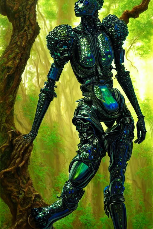 Image similar to hyperrealistic post - baroque super expressive! black woman with exoskeleton armor, merging with tree in a forest, highly detailed digital art masterpiece smooth cam de leon eric zener dramatic pearlescent blue green light ground angle hd 8 k sharp focus