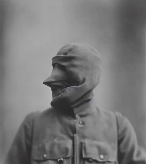 Image similar to a man at distance wearing hooded beaked mask covering his entire face, full body portrait at distance, ww1 film photo, grainy, high detail, high resolution