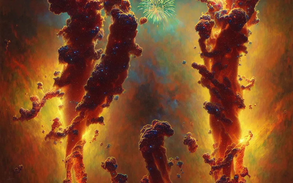 Image similar to psychedelic transcendent puffs of smoke explosion, fireworks, pillars of creation, enlightenment, high contrast lighting, highly detailed, concept art, art by collier, albert aublet, krenz cushart, artem demura, alphonse mucha