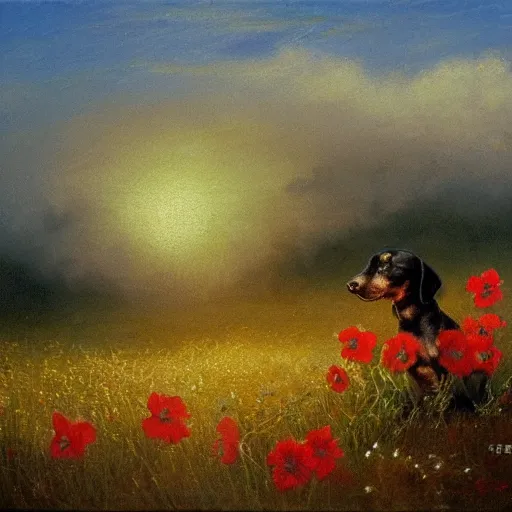 Prompt: mild, calm very tiny black Dachshund sleeping inside the flower on the sunrise, misty field, painting by Perov,