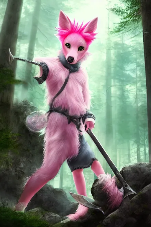 Image similar to a beautiful fullbody portrait of a cute male boy with pink hair and pink wolf ears and tail, wearing a cool outfit, barefoot, wielding a sword in battle position, in a forest, at night. volumetric light, detailed, photorealistic, fantasy, rendered in octane