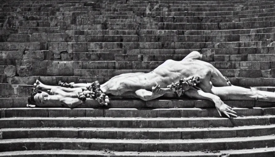 Prompt: 1 9 6 0 s movie still close - up of caligula laying dead on the ancient amphitheater's stairs bloody corpse, cinestill 8 0 0 t 3 5 mm, high quality, heavy grain, high detail, dramatic light, anamorphic