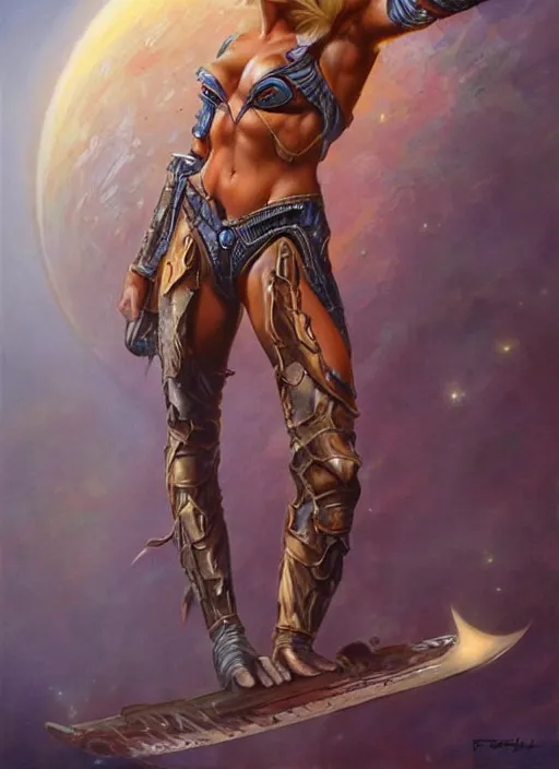 Image similar to a stunning medium shot portrait of julianne hough as a futuristic warrior, digital art by frank frazetta and boris vallejo and julie bell and moebius, highly detailed, trending on artstation, hq