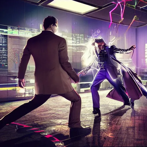 Prompt: a fight between a boho cyberpunk hippie and a high - tech suit businessman, epic art, cinematic mid shot fight