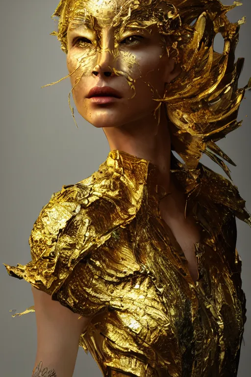 Image similar to sculpture made of gold, portrait, future, shaman, gold, close up, harper's bazaar, vogue, magazine, concept art, ornate, luxury, elite, elegant, trending on artstation, by ruan jia, by Kenneth Willardt, by ross tran, by WLOP, by Andrei Riabovitchev,