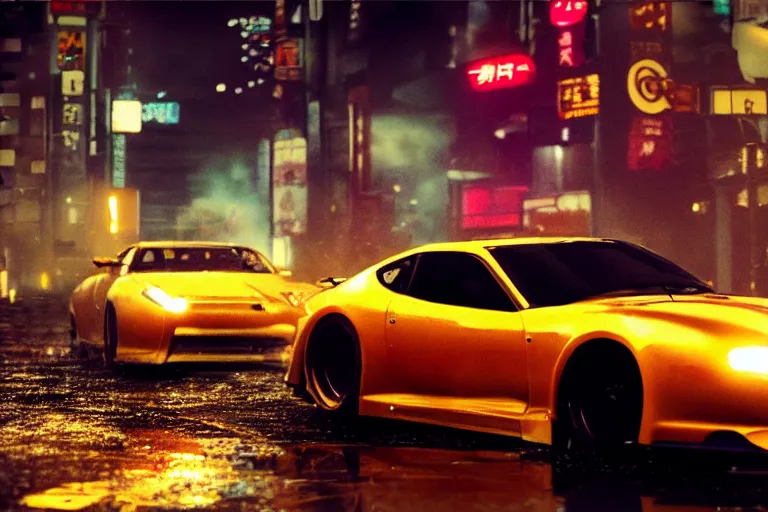 Prompt: tokyo drift fast and furious film still, racing on wet city street at night, hyper detailed, forza, smooth, high contrast, volumetric lighting, octane, george miller, jim lee, vibrant rich deep color, comic book, ridley scott