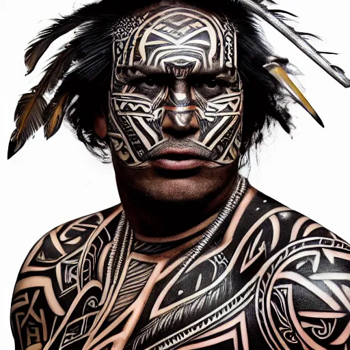 Prompt: editorial full body photo portrait of enormous Maori warrior with a mace and glowing tribal futuristic tattoos on his face, warrior body, feathers and paint, photo by mario testino, cinematic, hyper detailed, micro details, insanely detailed, trending on artstation,dark background, dramatic lighting, cinematic angle, concept art, insanely detailed and intricate