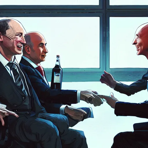 Image similar to illustration of a meeting between elon musk, mark zuckenberg, jeff bezos, very clear face, high quality, very detailled, by artgem, by david rutkowski, greg ruthowski, yoji shinkawa, ruan jia