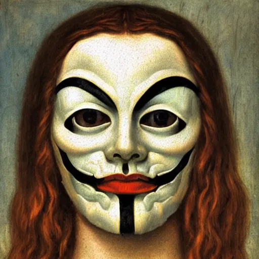 Image similar to a renaissance style portrait painting of V for Vendetta