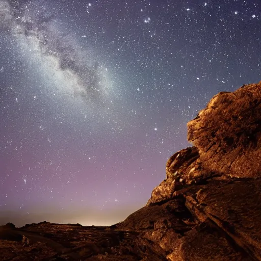 Image similar to beautiful landscape at night with andromeda clearly visible in the sky, highly detailed, sharp focus