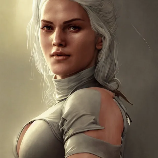 Image similar to cirilla wearing tight in chest shirt!, half - opened shirt!!, ultra realistic, pretty face, extremely detailed face!!, anatomically correct!!, symmetrical!!!, concept art, intricate details, highly detailed, photorealistic, octane render, 8 k, unreal engine. art by artgerm and greg rutkowski and alphonse mucha