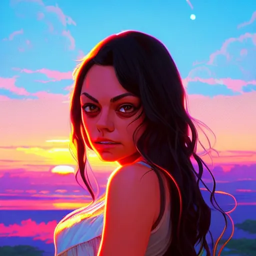 Prompt: Mila Kunis, sunset, intricate, highly detailed, digital painting, artstation, official media, anime key visual, concept art, rich vivid colors, ambient lighting, sharp focus, illustration, art by Artgerm, Makoto Shinkai, Ilya Kuvshinov, Lois Van Baarle, and Rossdraws