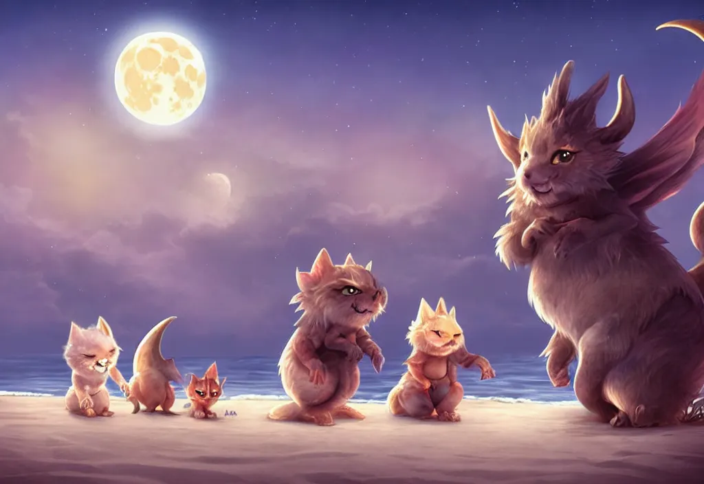 Image similar to cute fantasy critters at the beach looking at the moon, ultra realistic, concept art, highly detailed