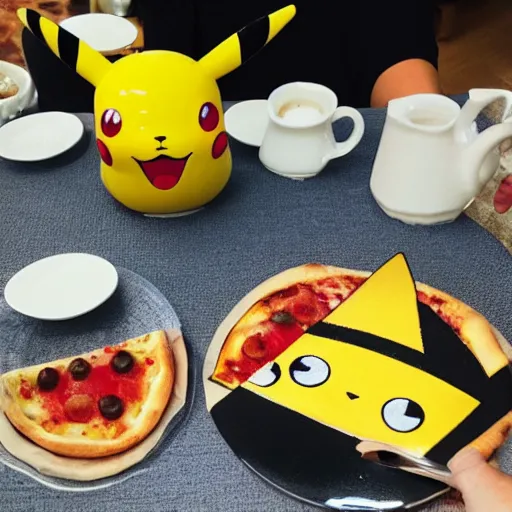 Prompt: Pikachu having tea with pizza.