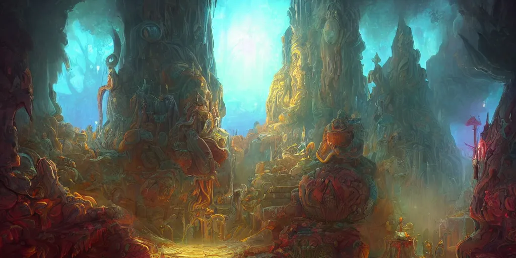 Prompt: ancient psychedelic ritual by Tyler Edlin by Anato Finnstark, ultra detailed, dramatic light, digital painting, trending on artstation