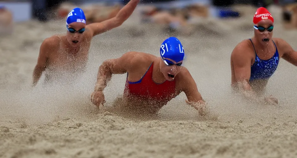 Image similar to olympic swimming in sand instead of water, extremely coherent, motion blur