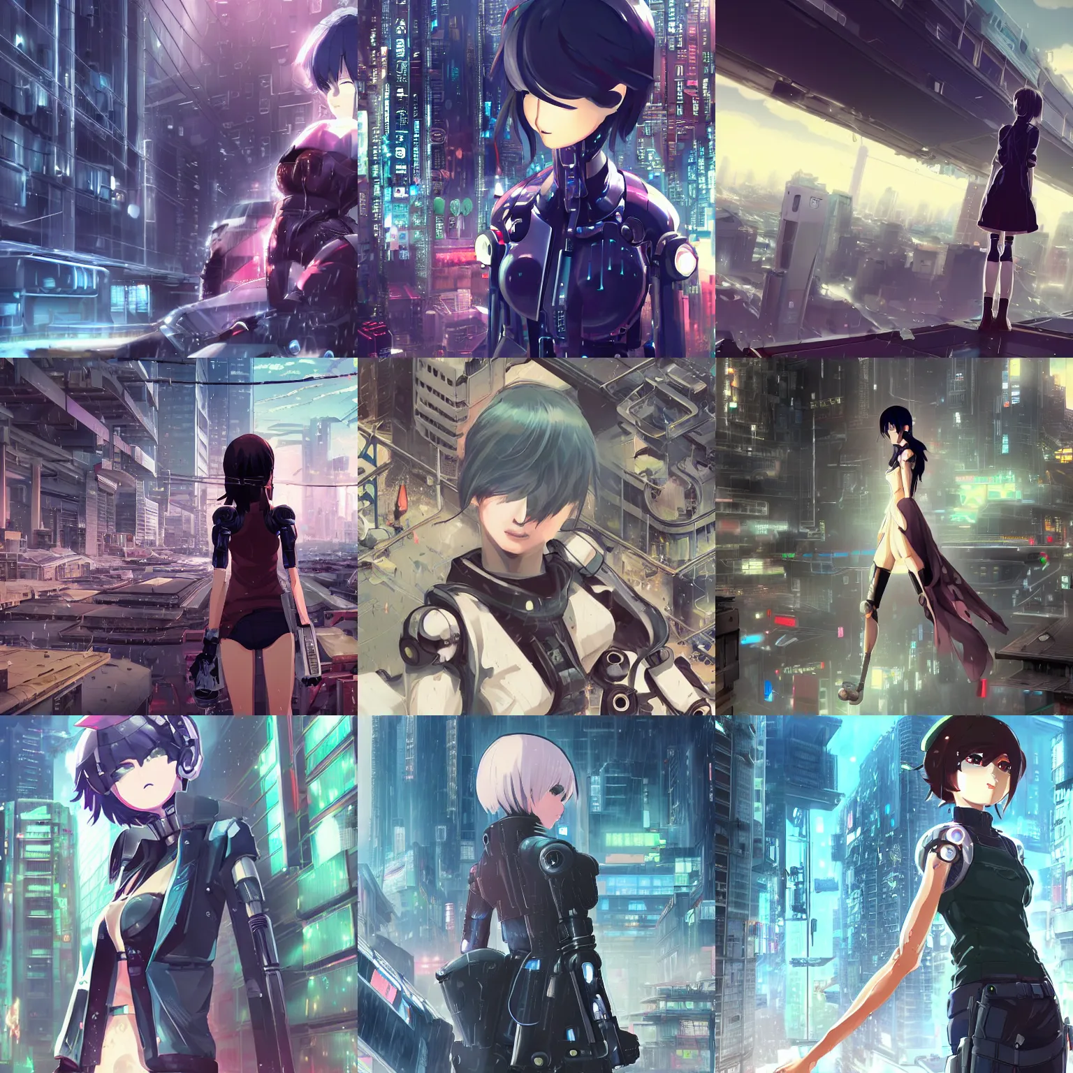 Prompt: android mechanical cyborg girl in overcrowded urban dystopia gigantic future city raining makoto shinkai wide angle