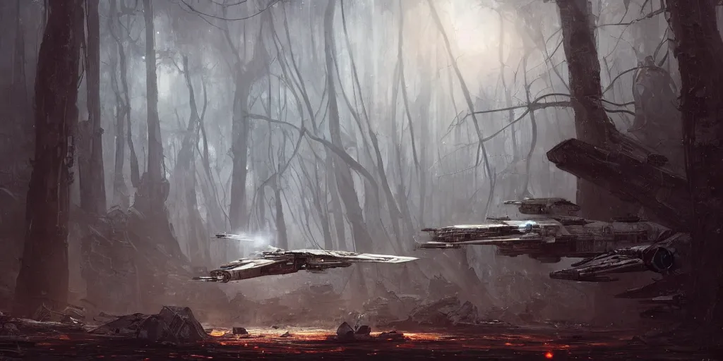 Prompt: a painting of a cinematic keyframe of star wars a destroyed x - wing fighter in dagobah's forest, heavy atmosphere and smoke by greg rutkowski, rule of thirds, golden ratio, ambient lighting, wlop, artgerm, artstation, highly detailed masterpiece, dark fantasy art, high detail, trending on artstation