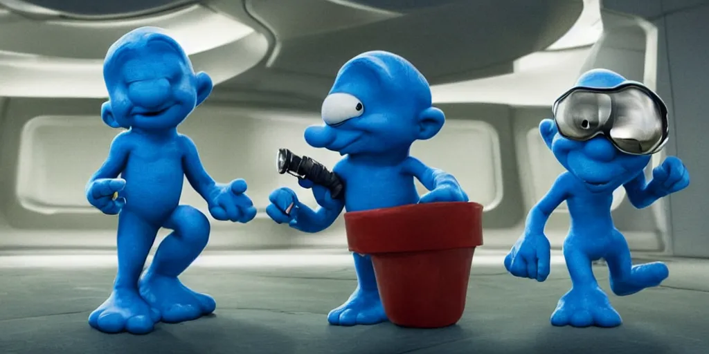 Image similar to a 3 d rendered movie still, a smurf descendant 1 million into the future. the smurf is sentient, wears a spacesuit, and explores cosmos in a super awesome space ship. science fiction blockbuster movie smurfs rule the world or my stepmom is a smurf from the future, imax 7 0 mm. the mandalorian ( american space western )