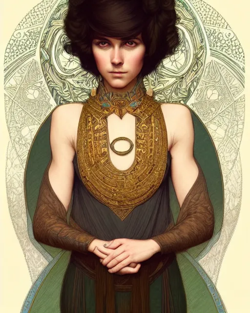 Image similar to symmetry portrait of welsh brunette princess with short hair, mans tunic, forest background, intricate, elegant, highly detailed, digital painting, artstation, concept art, smooth, sharp focus, illustration, art by artgerm and greg rutkowski and fra angelico and alphons mucha