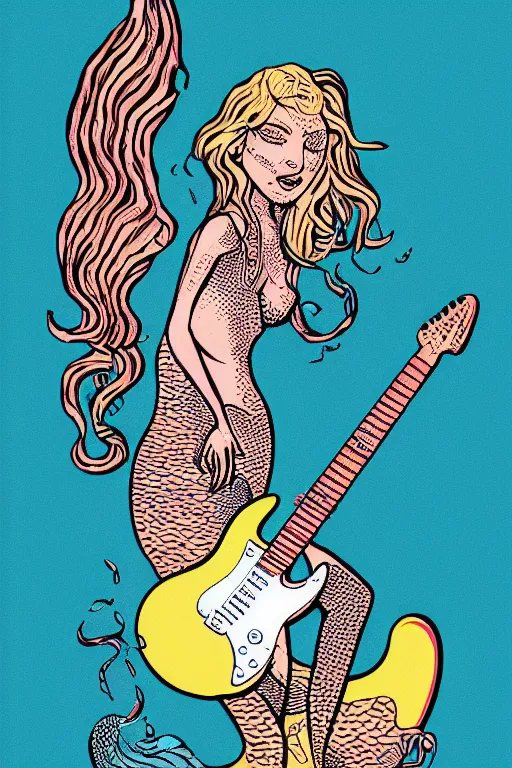 Prompt: illustration of a mermaid playing an stratocaster electric guitar, 3 colour screen print