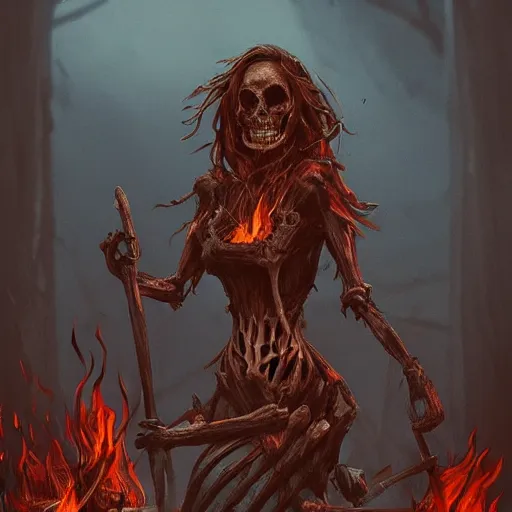 Image similar to burned witch on a pyre of bones, horror. dark gothic, artstation