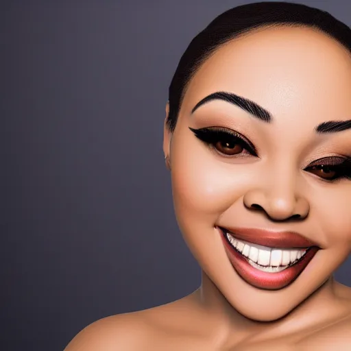 Prompt: photo of 3d render of a voluptuous beautiful black curvaceous model smiling, cream dripping on face, studio lighting, blue background, in the style of pixar, highly detailed, sharp focus, bokeh, depth of field, 16k resolution, Unreal Engine 5, coherent, cinematic lighting, beautiful painting, top down pov