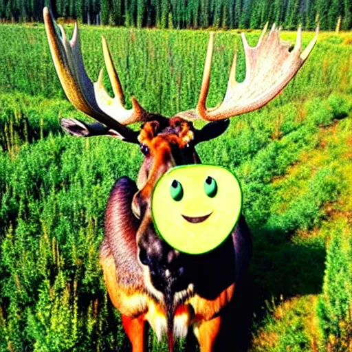 Image similar to a moose has thousands of apples and is very happy about it. it has a extremely happy facial expression. photograph