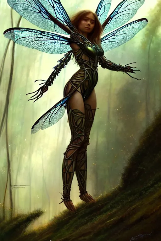 Image similar to photo of a humanoid dragonfly hybrid were a heroic dress an armour with dragonfly wings in the forest, long hair, highly detailed, digital painting, artstation, smooth, sharp focus, illustration, art by artgerm and greg rutkowski and alphonse mucha