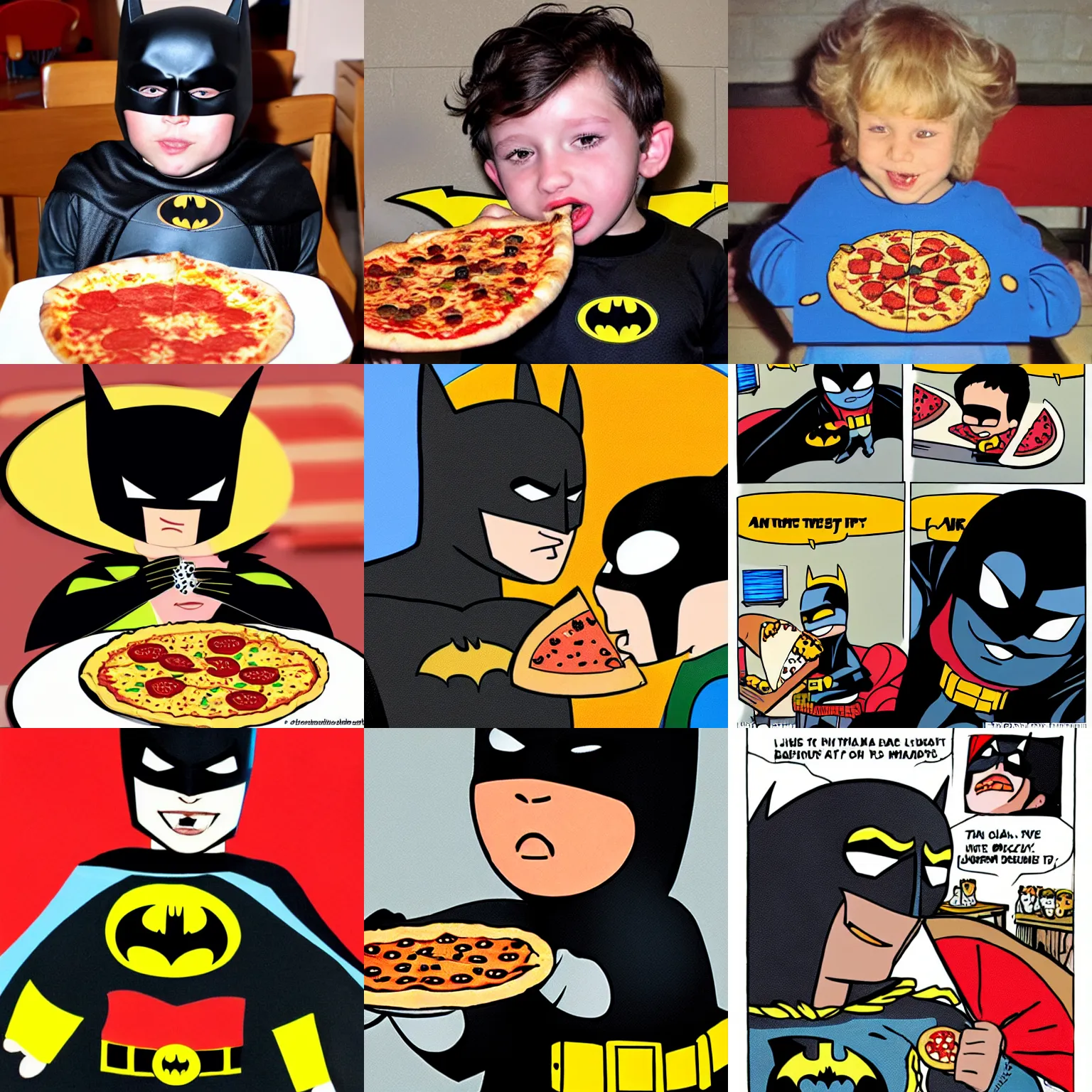 Prompt: kid batman biting pizza