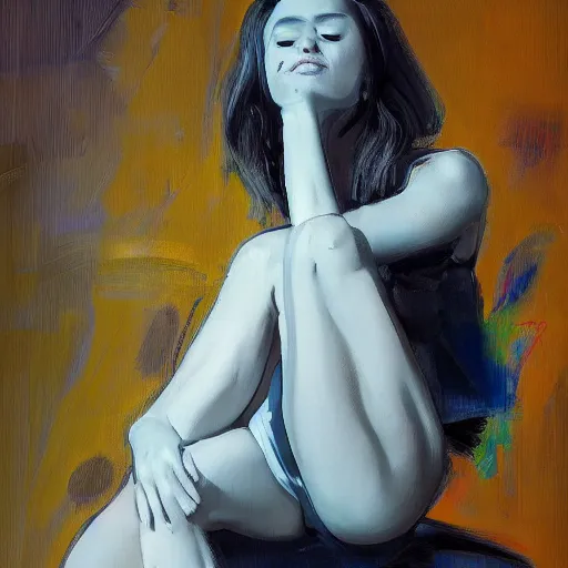 Prompt: portrait of a beautiful stunning girl sitting with her legs crossed full figure full form sensual seductive alluring, in the style of disco elysium, expressionism, artstation, trending, by aleksander rostov, jenny saville, rembrandt, alex kanevsky, wassily kandinsky, dave mckean, yoshitaka amano