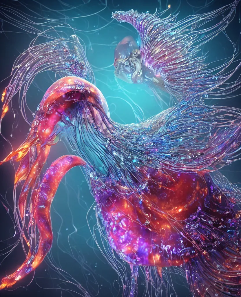 Prompt: close-up macro portrait of the face of a beautiful princess, epic angle and pose, symmetrical artwork, 3d with depth of field, blurred background, cybernetic jellyfish phoenix bird, translucent, nautilus, energy flows of water and fire. a highly detailed epic cinematic concept art CG render. made in Maya, Blender and Photoshop, octane render, excellent composition, cinematic dystopian brutalist atmosphere, dynamic dramatic cinematic lighting, aesthetic, very inspirational, arthouse. y Greg Rutkowski, Ilya Kuvshinov, WLOP, Stanley Artgerm Lau, Ruan Jia and Fenghua Zhong