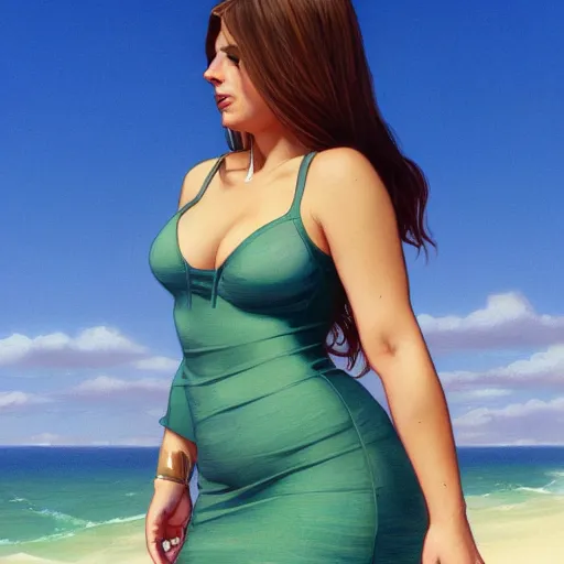 Image similar to full body portrait of addison rae wearing a skintight dress in a beach, large thighs, intricate, elegant, highly detailed, digital painting, artstation, smooth, sharp focus, illustration, art by artgerm and greg rutkowski and alphonse mucha, 8 k