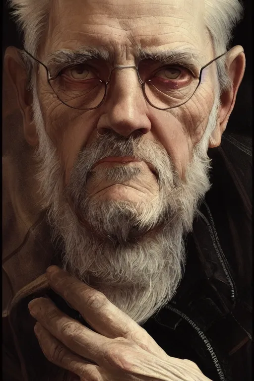 Prompt: portrait, close up, cyberpunk old man, movie poster, normal hands, normal legs, cinematic lighting, intricate, rugged, highly detailed, digital painting, artstation, smooth, sharp focus, illustration, art by artgerm and greg rutkowski and alphonse mucha and Wayne Barlowe and william-adolphe bouguereau
