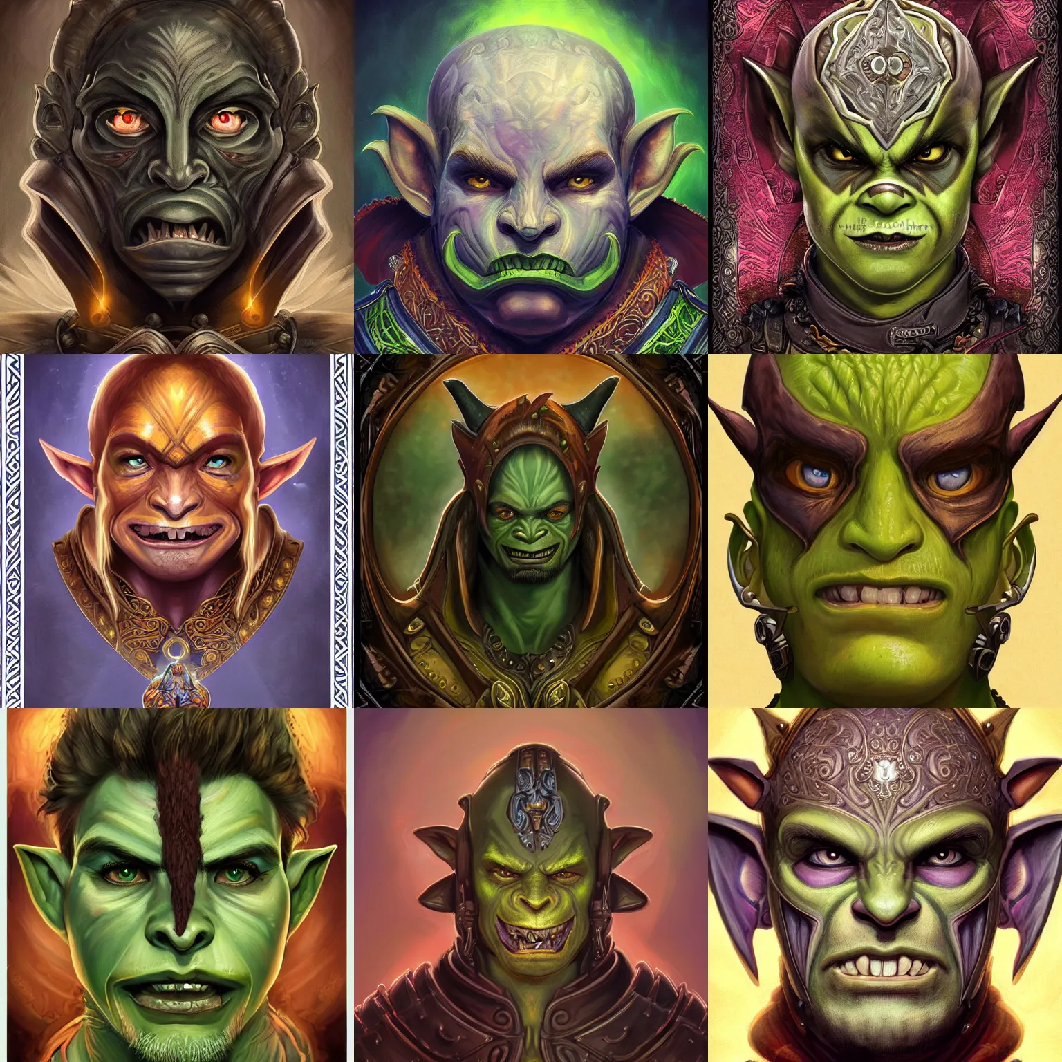 Prompt: head-on symmetrical centered painted portrait, Warcraft male goblin rogue, leather armour, art nouveau, fractal tarot card style, masterpiece, fantasy, intricate, elegant, highly detailed, smooth, sharp focus, illustration, artstation, in the style of Artgerm and Anna Podedworna and Alex Ross and Mucha