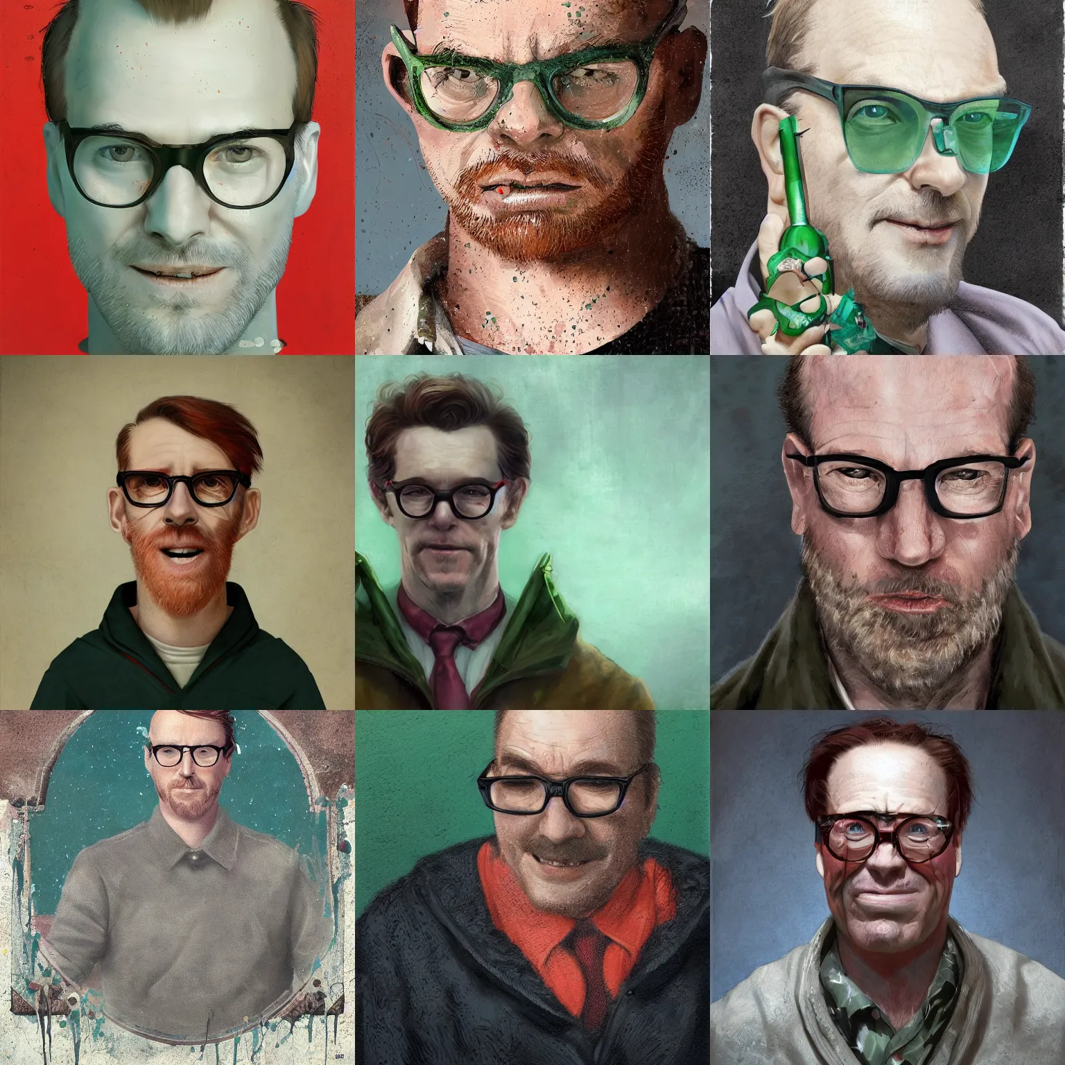 Prompt: portrait of a middle age man balding red hair and freckles and wearing glasses with green eyes, happy, 8 k, highly detailed, digital painting, artstation, sharp focus, illustration, by tom bagshaw, greg rutkowski, wlop