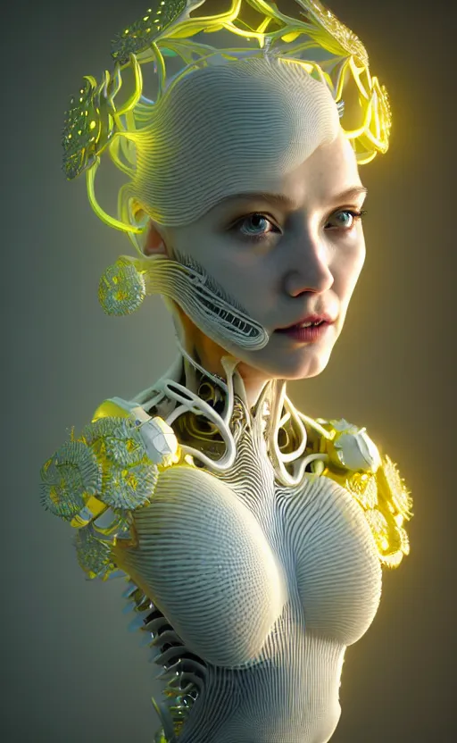 Prompt: intricate hyper detailed ultra sharp 3 d render of a beautiful smooth white porcelain seductive cyborg woman portrait, medium shot portrait, bright light, alexandre ferra mecha, haute couture deeply cyberpunk art nouveau huge white fractal mycelum and fungi light yellow blooms head ornaments, big embroidered leaves filigree spreaded roots, octane render, volumetric cinematic lighting, 8 k, vray tracing