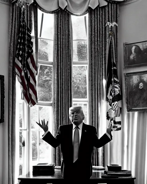 Image similar to donald trump with hippie hair, hippie clothes, smoking cannabis, standing in the oval office, photorealistic photographed in the style of annie leibovitz, studio lighting