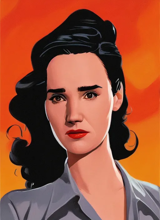 Image similar to young jennifer connelly as jenny blake from the movie the rocketeer ; detailed artwork by phil noto ; brush texture ; asymmetric composition ; paint texture ; trending on artstation ; gallery painting by phil noto in the comic book style of phil noto