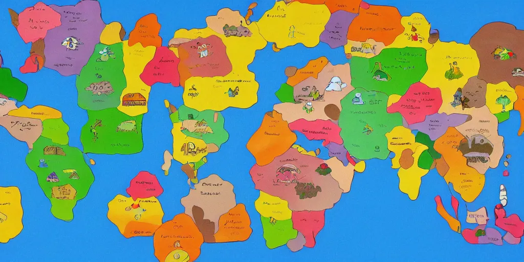 Image similar to a world map made out of colorful paper, in the style of paper mario