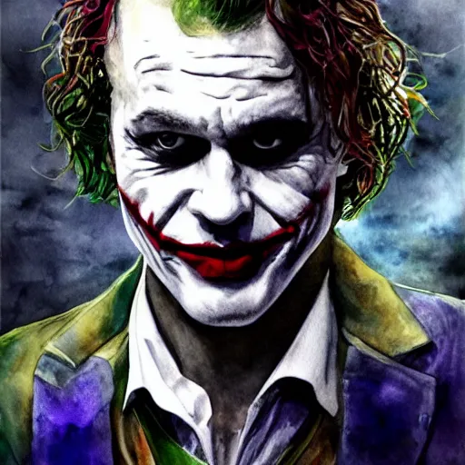 Image similar to heath ledger as the joker underwater, watercolor painting, hyper realistic, 4 k, artstation, smooth