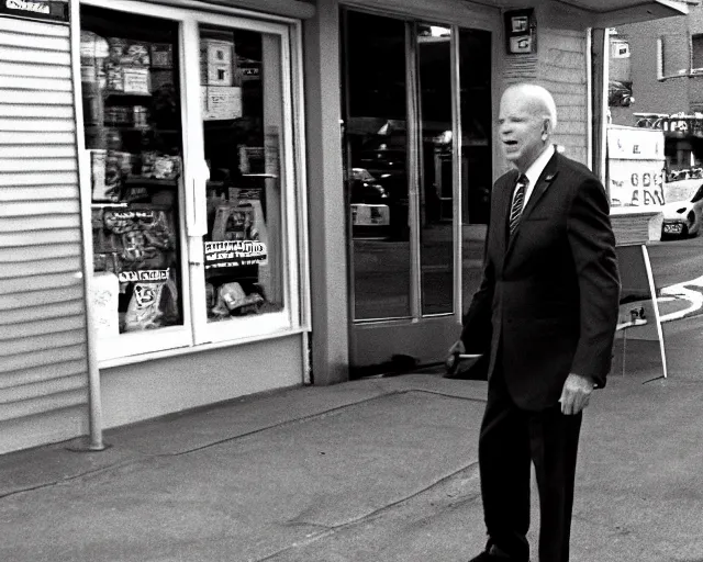 Image similar to camera footage of joe biden outside corner store with time code, high exposure, dark, monochrome, camera, grainy, CCTV, security camera footage, timestamp, zoomed out