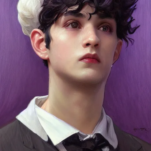 Prompt: portrait of a boy with goat horn, medium black hair, purple eyes, conductor, black suit, fantasy, intricate, elegant, highly detailed, digital painting, artstation, concept art, smooth, sharp focus, illustration, art by artgerm and greg rutkowski and alphonse mucha