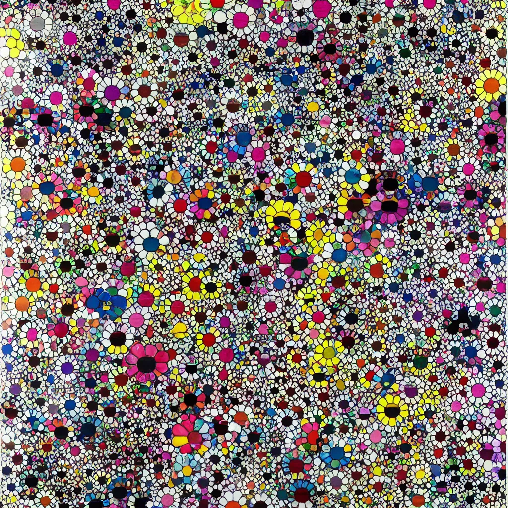 Prompt: camouflage made of flowers, style of takashi murakami, abstract, rei kawakubo artwork, cryptic, stipple, lines, splotch, color tearing, pitch bending, color splotches, dark, ominous, eerie, minimal, points, technical, old painting