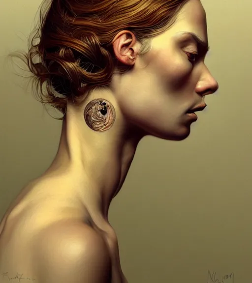 Image similar to portrait of a woman in heightened detail, poised, intense emotion, detailed facial expression, detailed surroundings, intricate, elegant, highly detailed, centered, digital painting, artstation, concept art, smooth, sharp focus, illustration, by ( m. c. escher ), wlop