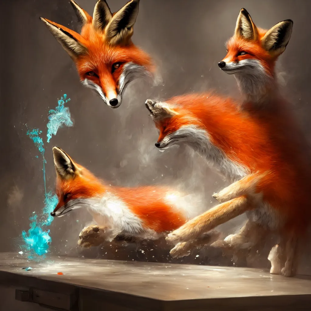 Image similar to a fox mixing chemicals in a kitchen, portrait, fantasy, beautiful face, vivid colors, elegant, concept art, sharp focus, digital art, hyper - realistic, 4 k, unreal engine, highly detailed, hd, dramatic lighting by brom, trending on artstation